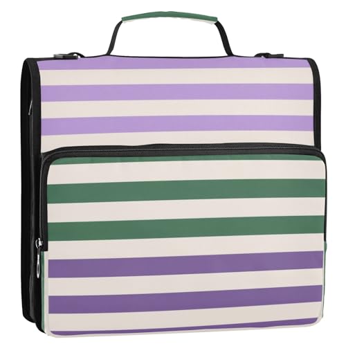 Ordner mit Reißverschluss und Schultergurt und Griff, mehrere Taschen, Organizer für die Schule, Violett / Grün gestreift von siphylline