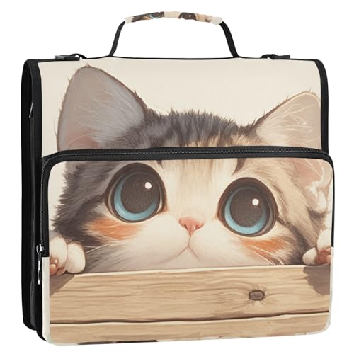 Ordner mit niedlichem Cartoon-Katzen-Motiv, 3,8 cm, mit Reißverschluss, mit Gurt, einfach zu transportieren, Dokumentenordner, Organizer für Schule und Büro von siphylline