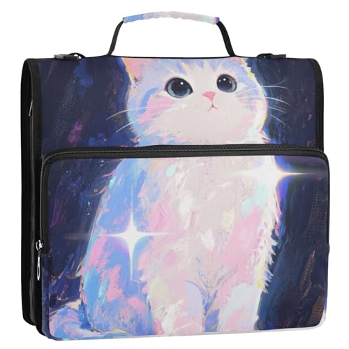 Ordner mit niedlichem Cartoon-Motiv, weiße Katze, 3 Ringe, 3,8 cm, Reißverschluss, mit Griff, Laege Kapazität, Schulordner, Organizer für Schule/Büro von siphylline