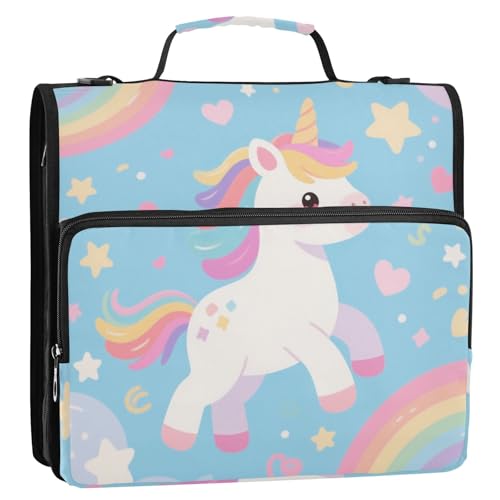 Ordnertasche mit 3 Ringen und Reißverschluss, mit Schultergurt, 3,8 cm, Weiß, Regenbogen-Einhörner, für Büro, Schule von siphylline