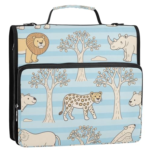Ordnungsmappe aus Holz, Nashorn, Tier, Löwe, Gepard, 3,8 cm, 3,8 cm, mit Reißverschluss und Schultergurt und Griff, mehrere Taschen, Dokumentenmappe für die Mittelschule von siphylline