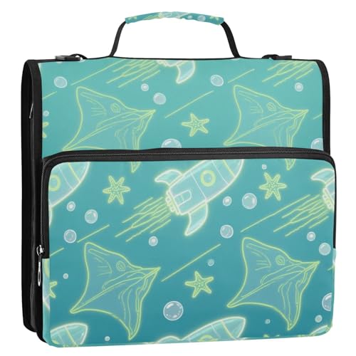 Organizer für Kinder, Mantarochen, Fische, Raumschiff, 3,8 cm, 3 Ringe, Organizer mit Griff und abnehmbarem Schultergurt, inklusive Reißverschlusstasche, Dokumentenmappe für die Schule von siphylline