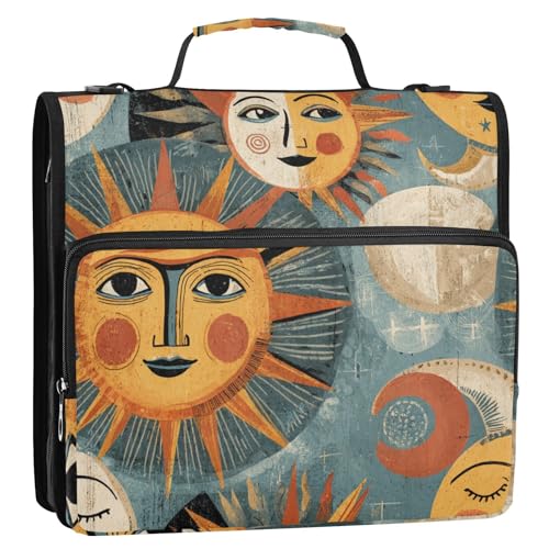 Organizer mit 3 Ringen, Vintage-Stil, Sonne, Mond, Gesicht, Retro, Gelb / Blau, mit Griff, leicht zu transportieren, Dokumenten-Organizer für Schule und Büro von siphylline