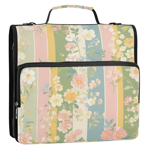 Organizer mit 3 Ringen und Riemen, 3,8 cm, gestreiftes Muster mit Blumen, wasserdicht, für Mittelschüler, Rosa / Grün von siphylline