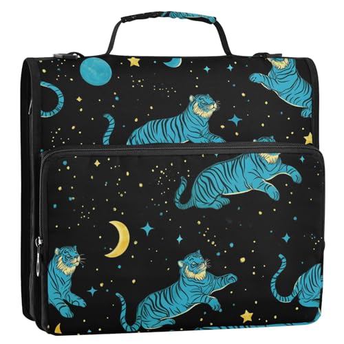 Organizer mit Griff und abnehmbarem Schultergurt, Boho-Stil, blaue Tiger, 3 Ringe, 3,8 cm, inklusive Reißverschlusstasche, Aufbewahrungstasche für Dokumente, Akten, geeignet für Mittelschule von siphylline