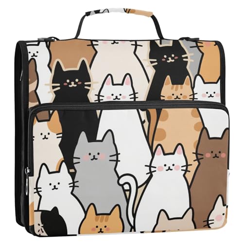 Organizer mit niedlichem Cartoon-Katzen-Motiv, 3,8 cm, 3,8 cm, Organizer mit Gurt, mehrere Taschen, Reißverschluss, Portfolio für Schule/Büro von siphylline