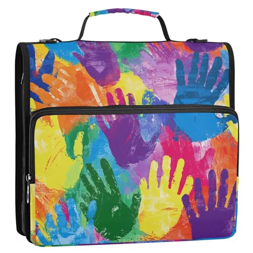 Regenbogenfarbener Handabdruck, 3,8 cm, 3 Ringe, Reißverschluss, mit Griff und abnehmbarem Schultergurt, mehrere Taschen, Dokumentenmappe, Organizer für Mittelschüler Regenbogenfarbener Handabdruck, 3,8 cm, 3 Ringe, Reißverschluss, mit Griff und abnehmbarem Schultergurt, mehrere Taschen, Dokumentenmappe, Organizer für Mittelschüler von siphylline