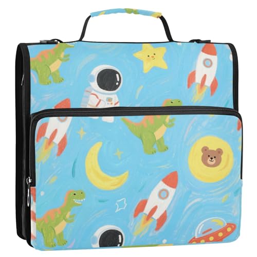 Ringbuch mit 3 Ringen, Motiv: Cartoon, Raketen, Astronaut, Dinosaurier, 3,8 cm, mit extra Taschen mit Griff, leicht zu transportieren, tragbar, Portfolio für Büro, Schule von siphylline