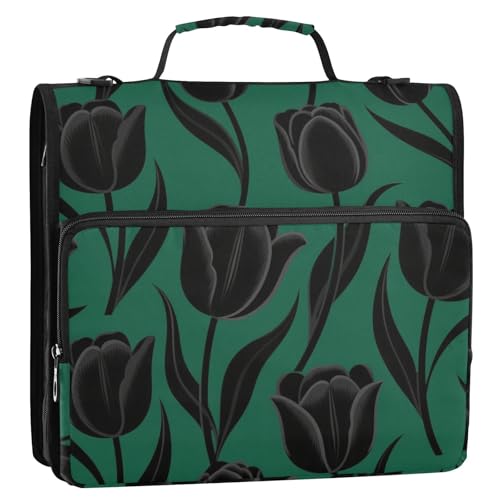 Ringbuch mit 3 Ringen, Reißverschluss, Griff und abnehmbarem Schultergurt, 3,8 cm, Grau, Schwarz, Grün, Blumenmuster, Organizer für Mittelschule von siphylline