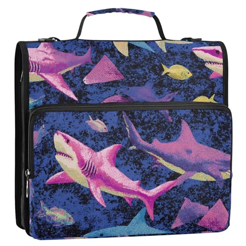 Ringbuch mit 3 Ringen, Retro-Design, Haie, Fische, Blau, Lila, 3,8 cm, mit extra Taschen, mit Schultergurt und Griff, wasserdicht, Schulbedarf, Organizer für Schule und Büro von siphylline