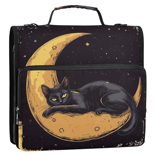 Ringbuch mit 3 Ringen, Retro-Stil, Motiv: Katze, Mond, 3,8 cm, mit Schultergurt, mehrere Taschen, tragbares Portfolio für die Schule von siphylline