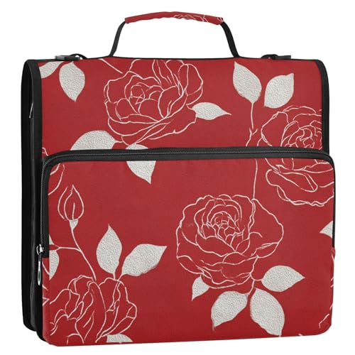 Ringbuch mit 3 Ringen, mit extra Taschen und Schultergurt, leicht zu transportieren, 3,8 cm, Weiß mit Rosenlinien von siphylline