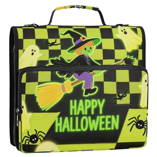 Ringbuch mit Reißverschluss, fluoreszierend, grün, kariert, Halloween, Weiß, 3,8 cm, 3,8 cm, Reißverschluss, mit Schultergurt, Schulordner, Organizer für Mittelschüler von siphylline