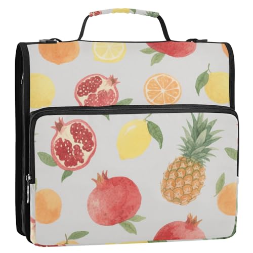 Ringbuch mit Reißverschluss, roter Granatapfel, orangefarbene Ananas, 3 Ringe, mit Griff, mehrere Taschen, tragbar, für Zuhause, Reisen, sichere Aufbewahrungstasche für die Mittelschule von siphylline