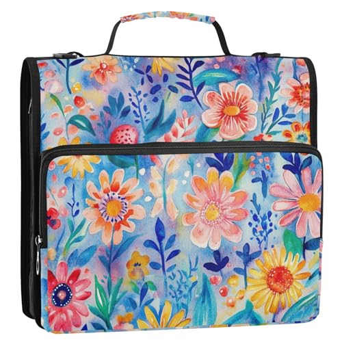 Ringordner im Boho-Stil, bunte Blüte, 3 Ringe, Reißverschluss, Organizer mit Gurt, tragbar, für Zuhause, Reisen, sichere Aufbewahrungstasche für die Mittelschule von siphylline