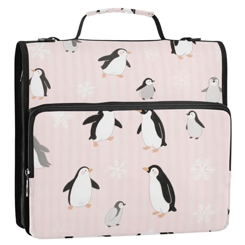 Ringordner mit niedlichem Pinguin-Schneeflocken-Streifen, Pink, 3 Ringe, mit Griff und abnehmbarem Schultergurt, inklusive Reißverschlusstasche, Portfolio-Ordner für die Schule von siphylline