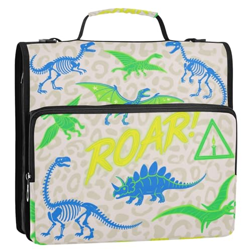 Roaring Dino Organizer mit 3 Ringen und Griff und abnehmbarem Schultergurt, mehrere Taschen, Schulordner, Organizer für Schule/Büro, 3,8 cm, Blau / Grün von siphylline