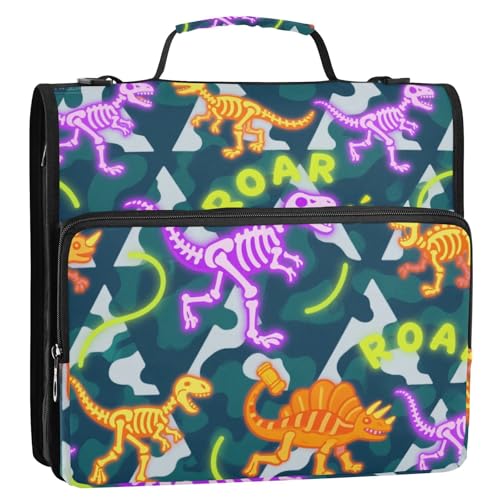 Roaring Dino Skull Yellow Purple Camouflage 3 Rings 3.8 cm Office Binder Organizer with Shoulder Strap & Handle Laege Capacity Document Organizer Bag for School and Office von siphylline