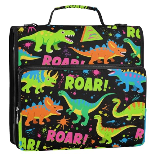 Roaring Dino Spot Schwarz Grün Blau 3 Ringe Ordner Reißverschluss mit Griff Laege Kapazität Dokumente Dateien Aufbewahrungstasche für Schule von siphylline