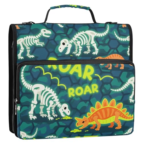 Roaring T-Rex Schädel Ankylosaurus Rock Gelb Grün 3 Ringe Schule Reißverschluss Ordner mit Griff und abnehmbarem Schultergurt Laege Kapazität Schulbedarf Organizer geeignet für Mittelschule von siphylline