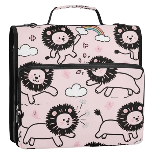 Rosa Cartoon-Löwe, niedlich, 3,8 cm, 3 Ringe, Reißverschluss-Mappe mit Riemen, inklusive Reißverschlusstasche, Dokumentenmappe für Schule und Büro Rosa Cartoon-Löwe, niedlich, 3,8 cm, 3 Ringe, Reißverschluss-Mappe mit Riemen, inklusive Reißverschlusstasche, Dokumentenmappe für Schule und Büro von siphylline