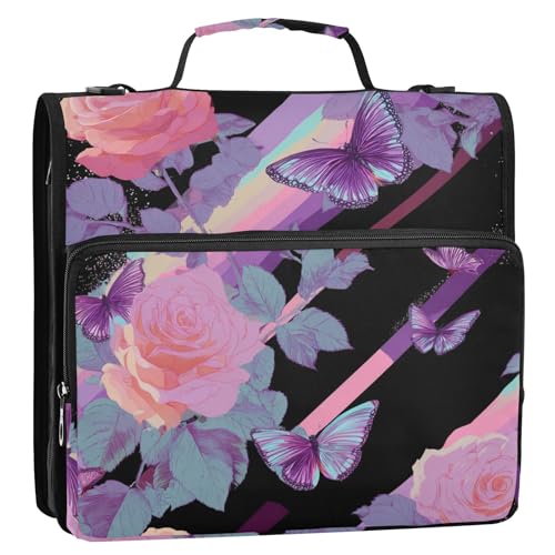 Schulmappe mit Reißverschluss, Motiv: Rosen, Schmetterling, Dampfwellen, 3,8 cm, 3 Ringe, mit Schultergurt und Griff, mehrere Taschen, Dokumentenmappe, Organizer für die Schule, Rosa / Schwarz von siphylline
