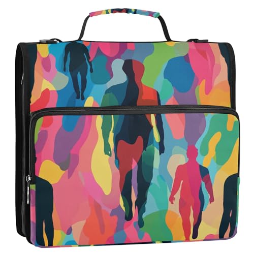 Silhouette Person-Kunst, bunt, 3,8 cm, 3 Ringe, Reißverschluss, Ordner mit Riemen, wasserdicht, Dokumenten-Organizer für Büro, Schule von siphylline