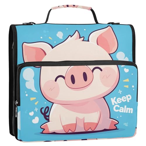 Stay Calm Cute Pig Cartoon 3,8 cm 3 Ringe Ordner Organizer mit Schultergurt inklusive Reißverschlusstasche Dokumententasche für Schule/Büro von siphylline