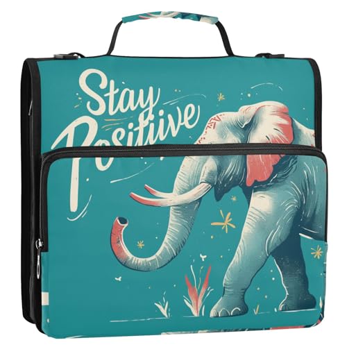 Stay Positive Elephant 3,8 cm Ringbuch mit Reißverschluss und Schultergurt und Griff, einfach zu transportieren, Portfolio-Organizer für Schule/Büro von siphylline