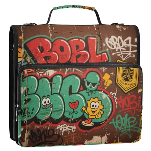 Street Graffiti Retro-Buchstaben, bunt, 3 Ringe, 3,8 cm, Reißverschluss, Organizer mit Schultergurt, inklusive Reißverschlusstasche, Dokumentenmappe für Schule und Büro von siphylline