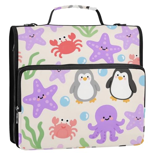 Süßer Cartoon-Ordner mit violettem Seestern-Pinguin, 3,8 cm, 3 Ringe, mit Reißverschluss, mit Schultergurt, wasserdicht, Dokumentenordner, Organizer, geeignet für Mittelschule Süßer Cartoon-Ordner mit violettem Seestern-Pinguin, 3,8 cm, 3 Ringe, mit Reißverschluss, mit Schultergurt, wasserdicht, Dokumentenordner, Organizer, geeignet für Mittelschule von siphylline