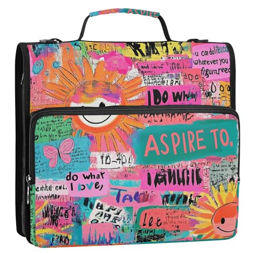 Sun Colorful Art Words Doodle 3 Ringe 3,8 cm Ordner mit extra Taschen mit Schultergurt und Griff, Laege Kapazität, Dokumenten-Organizer für Mittelschule von siphylline