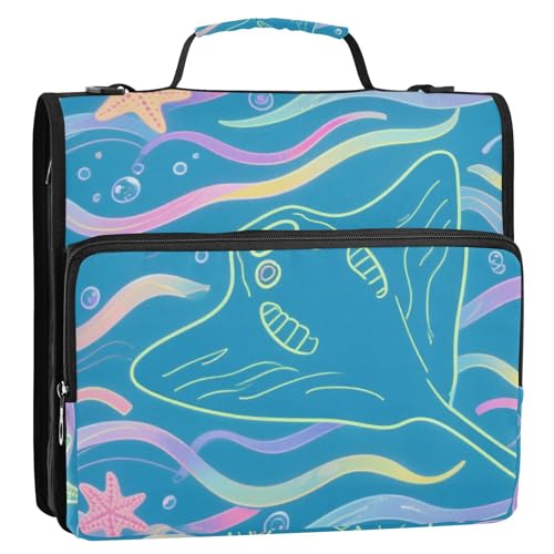 Undermarine Manta Ray Linie, bunte 3 Ringe, 3,8 cm, Ordner, Reißverschluss mit Riemen, inklusive Reißverschlusstasche, Dokumentenmappe, Organizer für Schule und Büro von siphylline