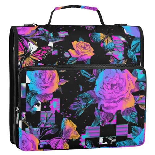 Vapor Wave Style Rosen Schmetterling Schwarz Lila 3,8 cm 3 Ringe Ordner mit extra Taschen mit Schultergurt Wasserdicht Tragbar Zuhause Reise Sichere Aufbewahrungstasche für Mittelschüler von siphylline