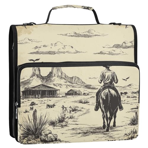 Western Cowboy Spurs 3 Ringe 3,8 cm Reißverschluss Ordner mit Schultergurt und Griff, mehrere Taschen, Schulordner, Organizer, geeignet für Mittelschule von siphylline