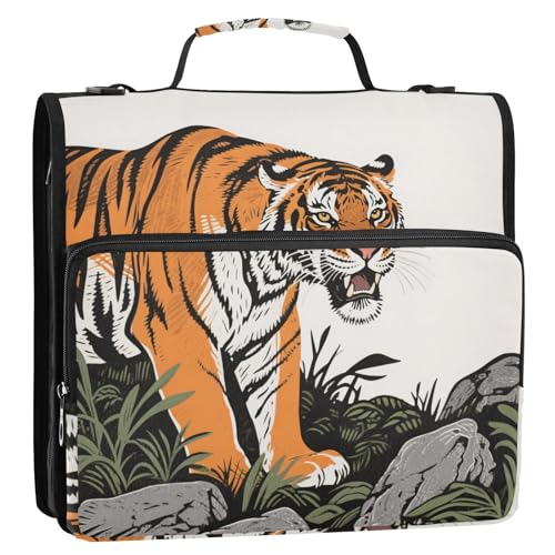 Wildlife Animal Tigers Roaring Rock 3 Ringe 3,8 cm Reißverschluss Bindertasche mit Schultergurt, mehrere Taschen, Dokumenten-Organizer, Tasche für Schule und Büro, Orange / Schwarz von siphylline