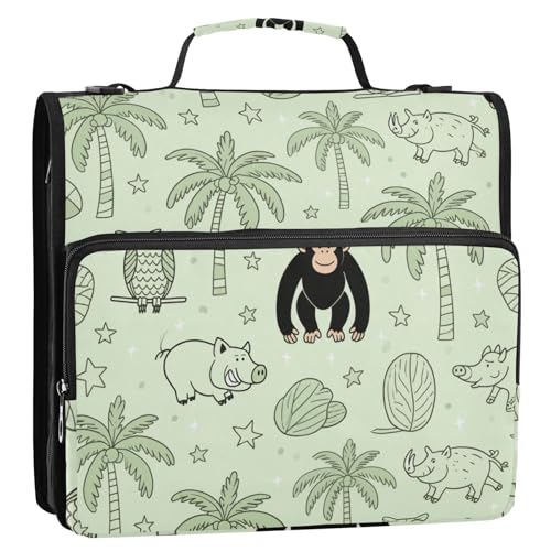Wildtier-Affe, Schwein, Kokosnussbaum, Arche, Grün, 3,8 cm, Büroordner mit Schultergurt und Griff, mehrere Taschen, Dokumentenmappe für Schule/Büro von siphylline