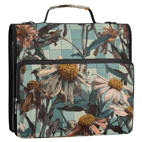Withered Daisy Blue Plaid Retro 3 Ringe 3,8 cm Reißverschluss Ordner mit Griff und abnehmbarem Schultergurt, einfach zu tragen, Dokumentenmappe für Mittelschule von siphylline