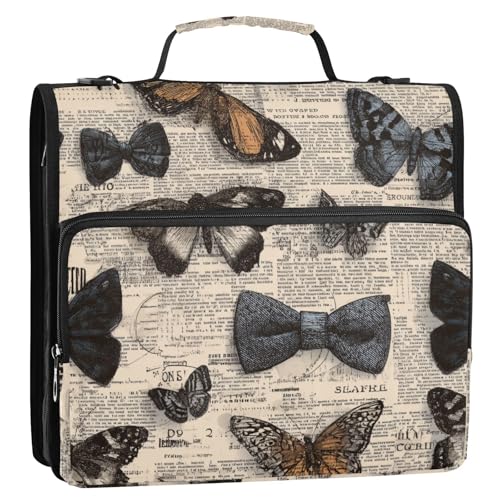 Zeitung Retro Schmetterlinge Fliege 3,8 cm 3 Ringe Ordner Reißverschluss mit Schultergurt und Griff inklusive Reißverschlusstasche Dokumentenmappe Organizer für Schule/Büro von siphylline