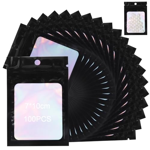Mylar Beutel 7x10 CM, 200 Stück Druckverschlussbeutel Schwarz mit Fenster, Holografische Beutel Zip Kleine Tüten mit Verschluss, Wiederverschließbare Mylar Taschen Ziplock für Süßigkeiten Schmuck von sitarcmin