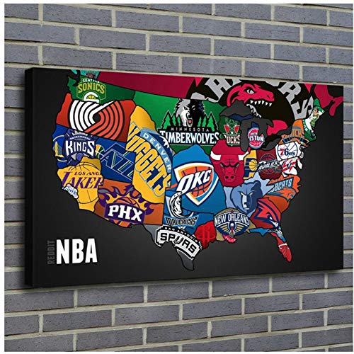 sjkkad NBA Team Logos, NBA Teams Karte 1P Gemälde Drucken auf Leinwand HD Abstrakte Leinwand Malerei Büro Wandkunst Wohnkultur Wandbilder -50x90cm Kein Rahmen von sjkkad