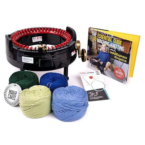 Addi Express-Strickmaschinen-Set, inklusive Strickmaschine in King-Size-Größe, 4 Garnkuchen, AddiExpress Take-Off-Werkzeug und Anleitung zum Maschinenstrickbuch, coole Farben von skacel by addi