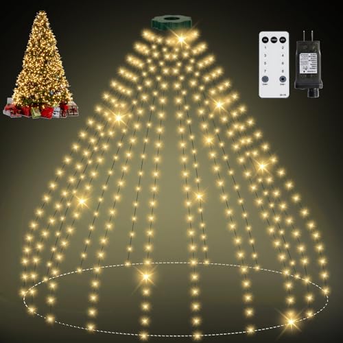 Lichterkette Weihnachtsbaum mit Ring, 2.5M 16 Stränge 400 LED IP65 Wasserdicht Lichterkette außen mit 5 m Zuleitung weihnachtsbeuleuchtung innen 8 Modi Timer für 150, 180, 240cm Tannenbaum- Warmweiß von skelo