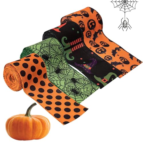 Skyrabbiter Halloween Dekoband mit Spinnennetz und Fledermaus Muster 4Pcs, Länge 4,5m Breite 6,3cm Halloween Geschenkband Ripsbänder Band zum Basteln für Partydekoration (A) von skyrabbiter