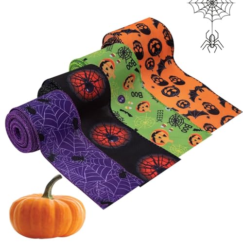 Skyrabbiter Halloween Schleifenband 4Pcs, Kürbis-Motiv, Länge 4,5m Breite 6,3cm Halloween Geschenkband Ripsbänder Band Themen-Buntbandset zum Basteln für Partydekoration (A) von skyrabbiter