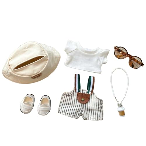 Skyrabbiter Kleidung für Lbu original, Puppen-Kleidungsset mit T-Shirt und Latzhose, 17cm, Weiß-Gestreift, mit Hut, Schuhen und Accessoires, DIY Kinder Geschenke (A) von skyrabbiter