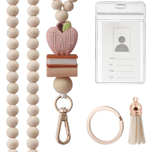 Skyrabbiter Lanyard mit Ausweishalter, Ausweishülle mit Band, Kartenhalter Ausweis, für Frauen, Holzperlen-Kette, Apfel-Design, Lehrer, Krankenschwestern, Doktor, Student (A) von skyrabbiter