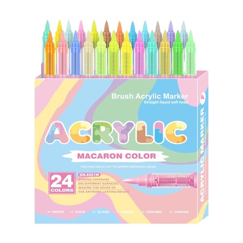 skyrabbiter Acryl-Marker Set, 24 Pastellfarben, Macaron, Pinselspitze 1-5mm, Wasserfest Dual Tip Tifte für Steine Bemalen, Multimarker Doppelspitze Permanent Marker für Leinwand, Glas, Papier (A) von skyrabbiter