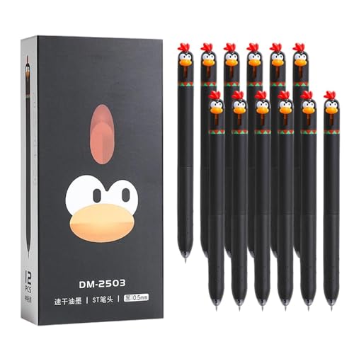 skyrabbiter Schwarzer Gel-Stift, 12Pcs, Hühnchen-Design, schnell trocknende Tinte Kugelschreiber, 0,5 mm feine Spitze Stift, flüssige Tinte Rollerball Pen, für Kinder schreiben Schule Büro (A) von skyrabbiter