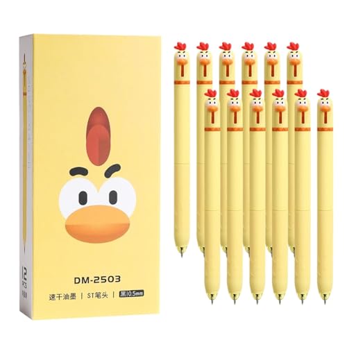 skyrabbiter Schwarzer Gel-Stift, 12Pcs, Hühnchen-Design, schnell trocknende Tinte Kugelschreiber, 0,5 mm feine Spitze Stift, flüssige Tinte Rollerball Pen, für Kinder schreiben Schule Büro (D) von skyrabbiter